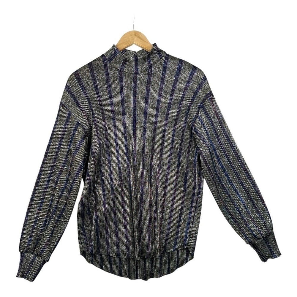 Zara Metallic Mock Neck‎ Striped Long Sleeve Blouse size Small Multicolor